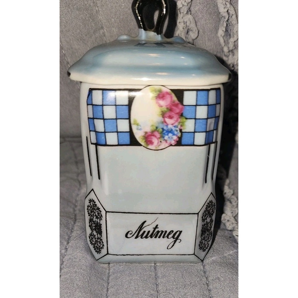 Vtg Victoria China Czechoslovakia Blue Lusterware Nutmeg Canister Art Deco Grann